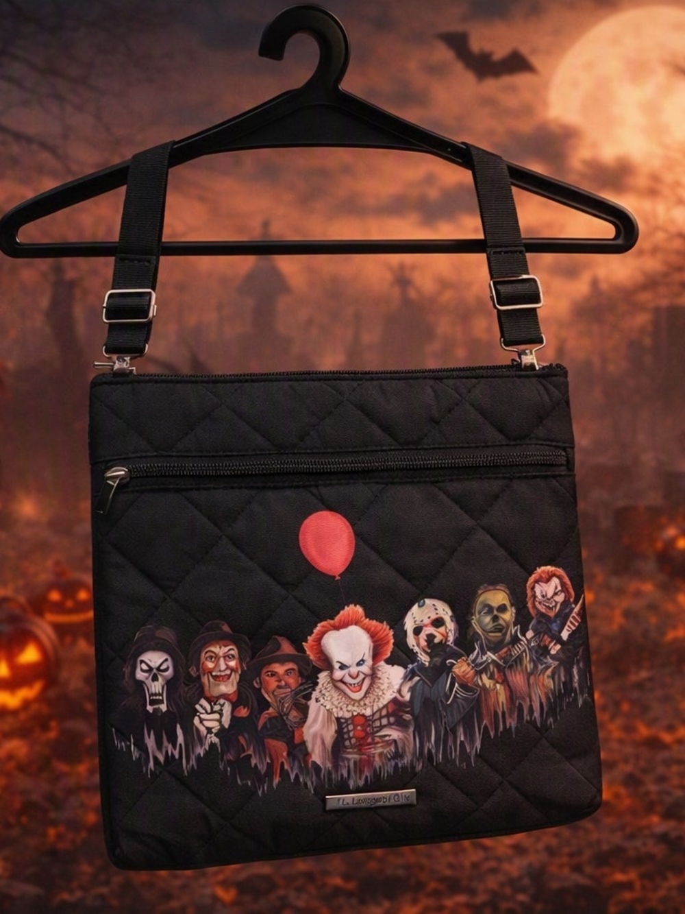 Rampage Black Quilted Crossbody Bag with Horror Characters and Red Balloon